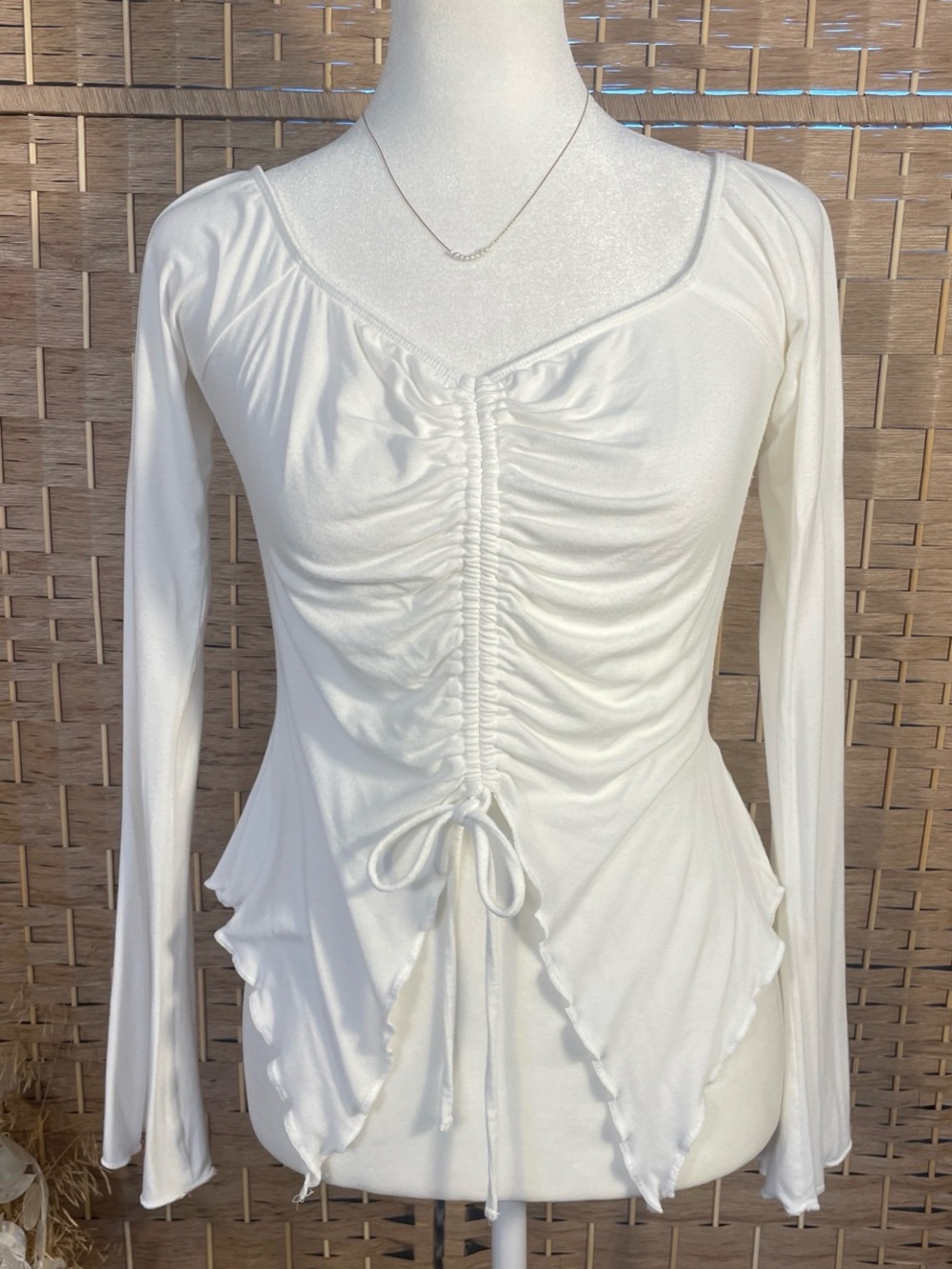 Urban Outfitters Ruched Tie-Front Fairycore White Long Sleeve Top